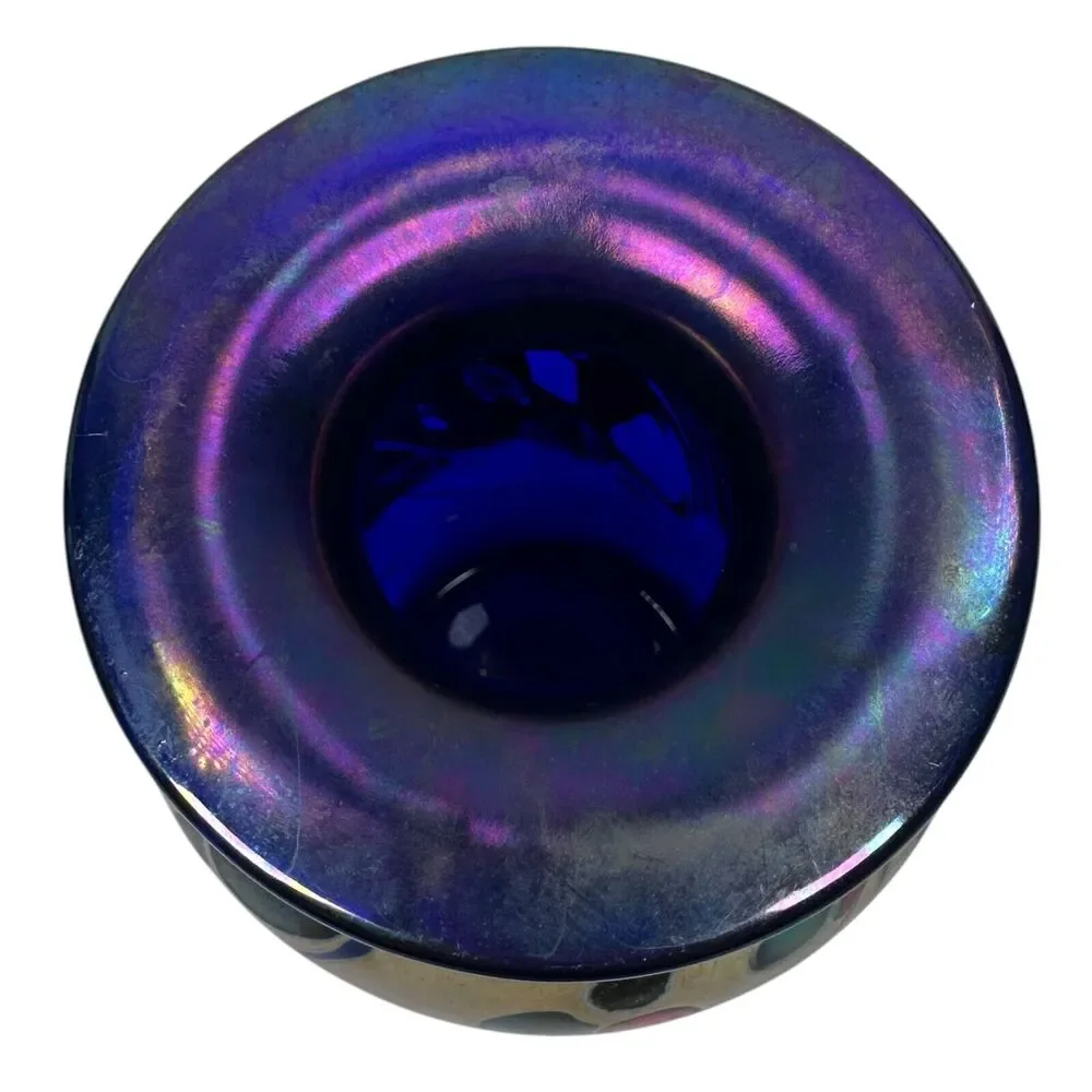 Rick Hunter Art Glass Vase Carnival Glass Cobalt Blue Gold Spots Swirls Colorful